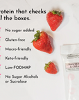 Strawberries and cream protein powder packet next to fresh strawberries, with checkboxes listing dietary benefits.