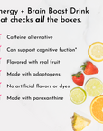 Checklist graphic highlighting key benefits for Energy + Brain Boost: focus, endurance, clean ingredients with fruit imagery.