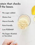 A hand holds a scoop of lemon protein powder above a glass, with lemons and checkmarks for various dietary benefits nearby.