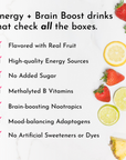 Checklist of benefits for energy drinks, including real fruit flavor, no added sugar, and various health ingredients.