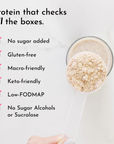 Scoop of protein powder held above a glass, with text listing dietary benefits and features.
