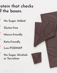 Dark chocolate pieces with embossed cocoa leaf design, listing dietary benefits like gluten-free and no sugar added.