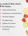 Checklist of pre-workout features with strawberries, limes, and lemons on a marble background.