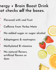 Checklist of benefits for a brain and energy boost drink, featuring fruits like strawberries, lemons, and oranges.