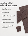 Dark chocolate pieces with cocoa leaf designs and text highlighting snack bar features on a light background.