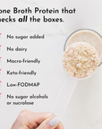 A hand holds a clear scoop of beige protein powder above a glass, with text listing product features.