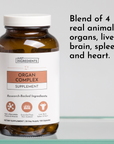 Brown glass supplement bottle labeled "Organ Complex" containing 150 capsules with white cap.