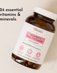 Brown glass bottle with white label reading "Women's Multivitamin Supplement" containing brown capsules.