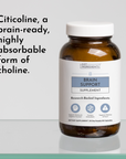 Brown glass bottle with white cap labeled "Brain Support Supplement" containing 90 capsules.