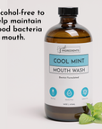 Brown glass bottle of Cool Mint Mouth Wash with a mint leaf, labeled alcohol-free and dentist formulated.