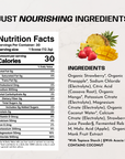 Nutrition facts label and ingredient list for strawberry tropic electrolyte powder with fresh strawberries, pineapple, and ma