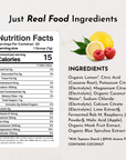 Nutrition facts label and ingredients list with lemon and raspberries displayed on light background.