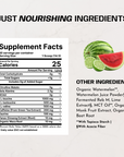 Supplement facts label with watermelon and lime slices showing ingredient list including amino acids, caffeine, and botanical