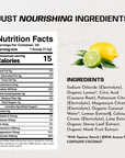 Nutrition facts label and ingredients list for lemon lime electrolyte powder with fresh lemon and lime fruit displayed.