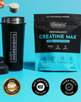 Black shaker bottle and black pouch of Creatine Max powder with scooper, certification badges below on blue background.