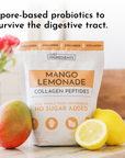 White pouch of Mango Lemonade Collagen Peptides with a mango and sliced lemon beside it on a marble surface.