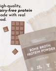 Bag of Just Ingredients Bone Broth Protein Powder with chocolate flavor on a light background