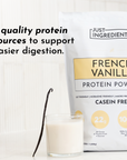 White bag of French Vanilla protein powder next to a glass of milk and a vanilla bean on a light surface.