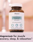 Brown glass bottle with white label reading "Just Ingredients Magnesium Complex Supplement," 60 capsules, 30-day supply.