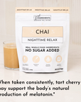 Chai Nighttime Relax powder package next to a glass of chai beverage on a light surface.