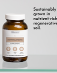 Amber glass bottle with white cap labeled "Just Ingredients Ashwagandha Supplement," containing 60 capsules.