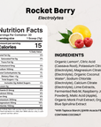 Rocket Berry Electrolytes powder label with nutrition facts, ingredients list, and fresh lemon and raspberry imagery.