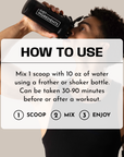 Person holding black shaker bottle labeled "Just Ingredients" with usage instructions displayed.