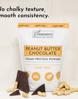 White bag of vegan peanut butter chocolate protein powder with chocolate pieces and peanuts on a light surface.