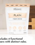 Resealable pouch of Plain Fiber Drink featuring nutritional information and claims about fiber content.