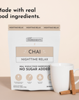 Chai Nighttime Relax package with a white mug and cinnamon sticks on a beige surface.