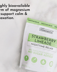 White and green packet of Strawberry Limeade Nighttime Relax magnesium supplement with product information and ingredient ico
