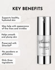 Clear bottle of Hyaluronic Acid serum with a silver pump, featuring text highlighting key benefits on a marble background.