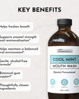 Brown bottle of Cool Mint Mouth Wash with a white label listing key benefits and features.
