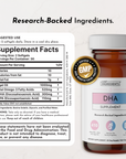 Brown glass bottle with white cap containing DHA supplement softgels, labeled with supplement facts and GMP certification sea
