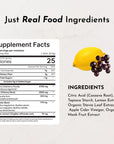 Yellow lemon and dark purple elderberries displayed next to supplement facts label and ingredient list on white background.