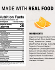 Nutrition facts label and ingredients list for orange electrolyte powder with orange slices and "made with real food" text.