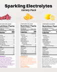 Three electrolyte beverages with grape, orange, and lemon flavors showing nutrition facts and ingredients.