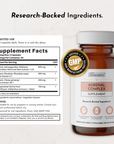 Amber glass bottle of Adrenal Complex supplement with white cap, label showing ingredients and GMP certification seal.