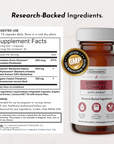 Brown glass bottle of berberine complex supplement with white cap, GMP certified seal, and label showing supplement facts and