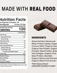 Chocolate protein powder nutrition label with dark chocolate pieces and ingredients list showing 24g protein per serving.