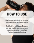 Person holding black shaker bottle labeled "Just Ingredients" with usage instructions displayed below.