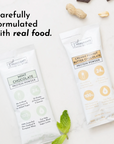 Two protein powder packets, Mint Chocolate and Creamy Peanut Butter Chocolate, with ingredients and nutritional information v