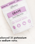 Pouch of Grape Electrolytes with a purple design, featuring nutritional information and serving details.