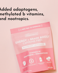 Energy + Brain Boost Raspberry Lemonade packaging showing adaptogens and nootropics callouts and 30 servings text.