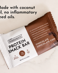 Protein snack bar packaging featuring chocolate chocolate chip flavor, with nutritional information and ingredients listed.
