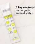 Electrolyte stick packet labeled "Coconut Lime" with details on ingredients and benefits.