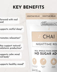 Pouch of "Chai Nighttime Relax" dietary supplement with key benefits listed, including support for sleep and relaxation.