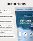 Strawberry limeade flavored nighttime relaxation supplement pouch for kids with key benefits listed on left side.