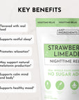 Strawberry Limeade Nighttime Relax product package with green label showing key benefits and ingredient information.