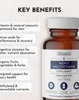 Brown bottle of men's multivitamin supplement with a white label displaying key benefits and dosage information.